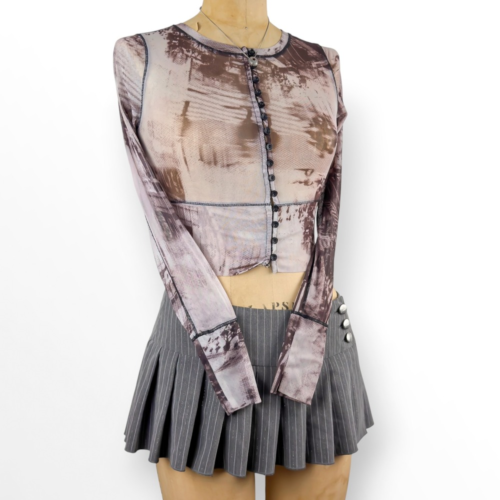 Y2K Mesh Sheer Top Button Up Cropped Slim Fit Grunge Cyber Goth Size XS - Picture 5 of 8